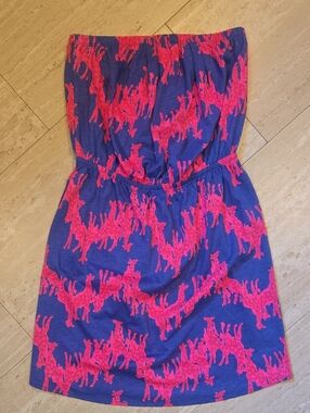 Lilly Pulitzer Windsor Blue Iris/Pink Giraffe Print Strapless Dress